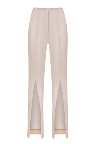 Beige slim fit pants with zipper on the front